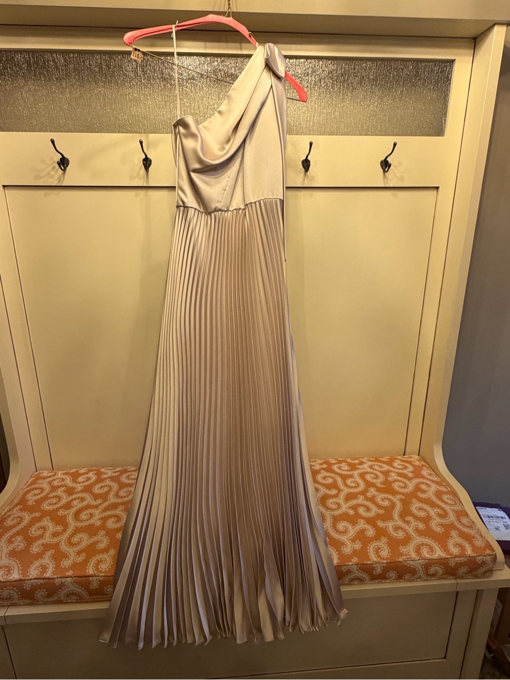 Amsale One-Shoulder Pleated Satin Gown in Champagne